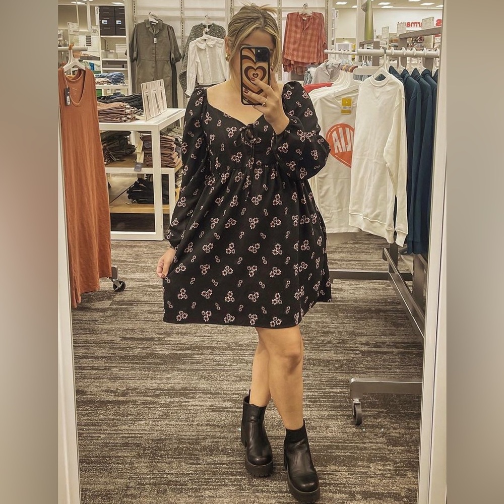 Black Dark Academia Style with floral print Dress